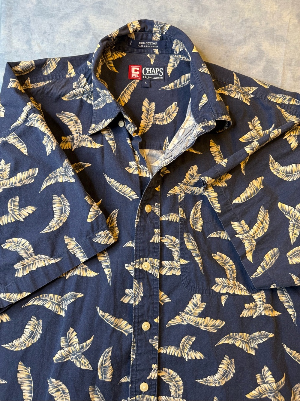 Chaps Navy Short-Sleeve Button-Down with Cream Banana Leaf Print Hawaiian shirt